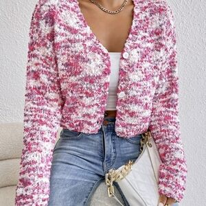 SHEIN Knit Cardigan Drop Shoulder Button-Front Pink White Cropped Womens Small